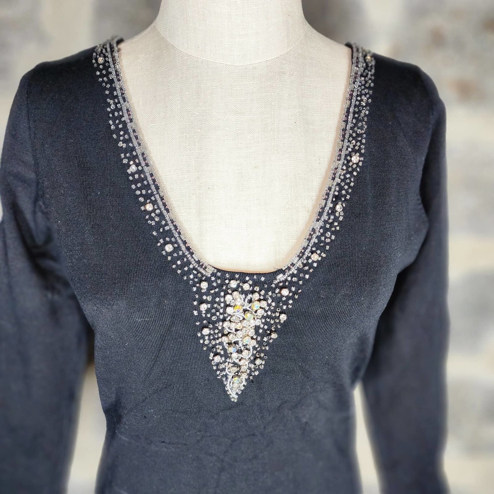 Cache Size L Black Stretch Deep V Rhinestone Acce… - image 2